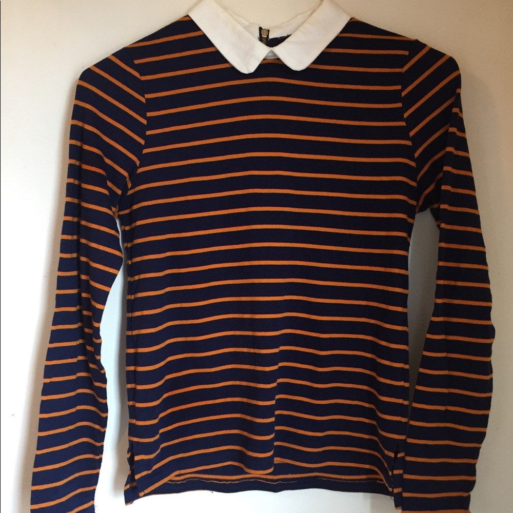 Long Sleeved Blue and Orange Top w/ White Collar